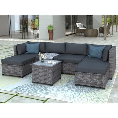 Conner 7-Piece Wicker Outdoor Sectional Set with Gray Cushions