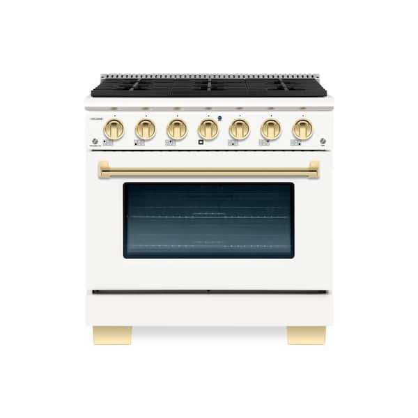 Hallman BOLD 36 in. 5.2 cu. ft. 6 Burner Freestanding Dual Fuel Range with Gas Stove and Electric Oven, White with Brass Trim