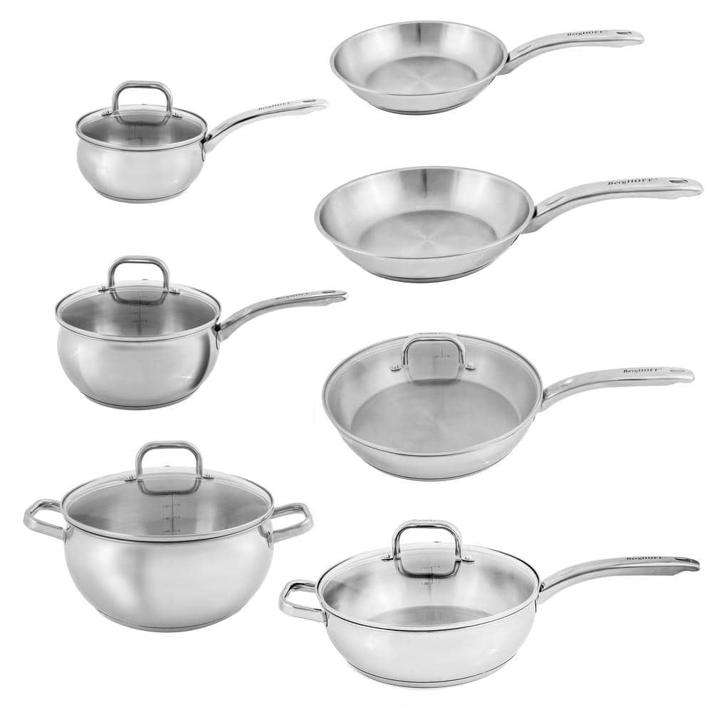 BergHOFF Belly Shape 12Piece 18/10Stainless Steel Cookware Set with Glass Lid 2219124 The
