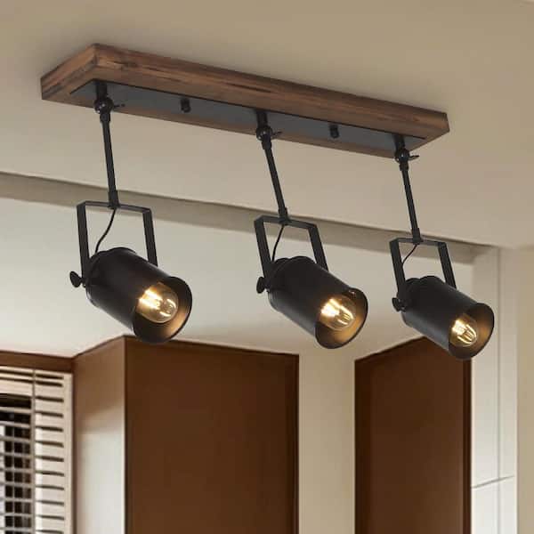 Parroco 3-Light 24.6 in. W Black Track Lighting Kit Wood Pendant Light w/Flexible Tracking Head for Wine Rack, Kitchen