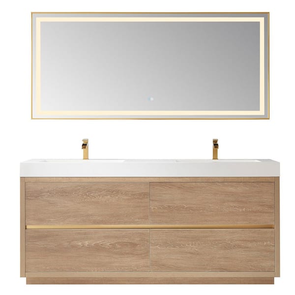 Palencia 72 in. W x 20 in. D x 33.9 in. H Double Sink Bath Vanity in N. American Oak with White Composite Top and Mirror