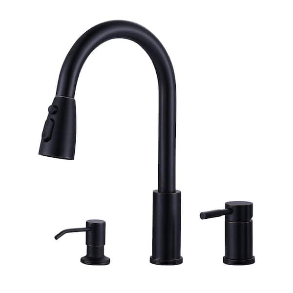 15 in. H Single Handle Pull Down Sprayer Kitchen Faucet with Soap Despenser and 360° Swivel Spout in Oil Rubbed Bronze