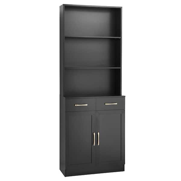 OLUMAT 25.9 in. W x 11 in. D x 70 in. H Black Linen Cabinet with 2-Drawers and 3-layer Open Shelves