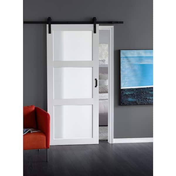 36 in. x 84 in. Bright White Solid Core Frosted 3 Lite Barn Door with Rustic Matte Black Hardware Kit