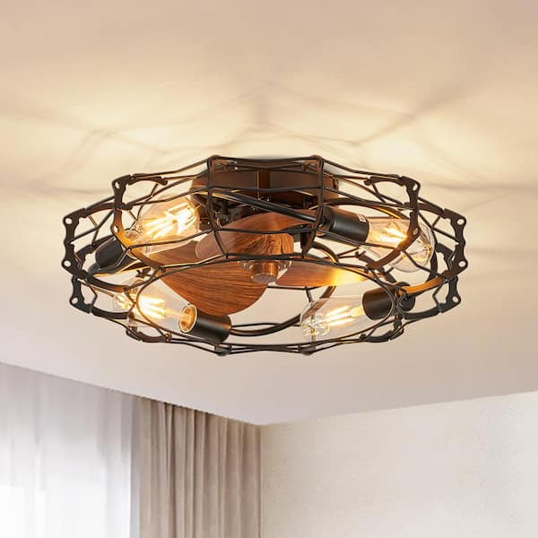 ANTOINE 20 in. Indoor Black 4-Light Farmhouse Low Profile Ceiling Fan with Light Flush Mount Ceiling Fan with Remote Wood Blades