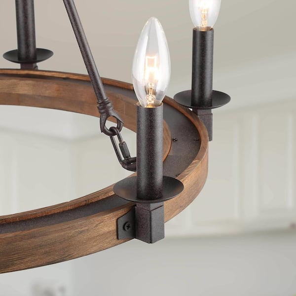 Farmhouse Wagon Wheel Chandelier - 6-Light Rustic Pendant, Adjustable Height, E12 Bulbs (Not Included) - View #3