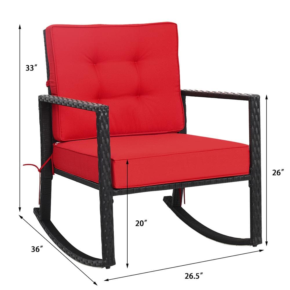 Red Cushioned Black Iron Outdoor Rocking Armchair Set
