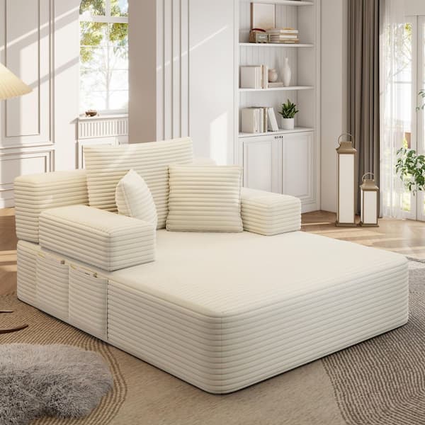 Maximus Beige Corduroy Upholstered Convertible Chaise Lounge with Storage Pocket and Wide Armrests, Full Foam