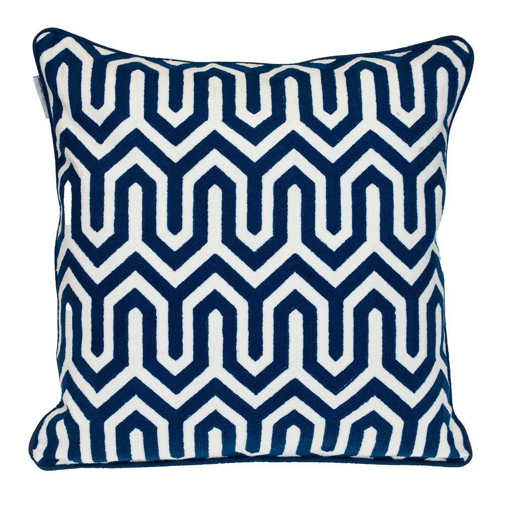 Blue and White Embroidered Geometric Square 20" Pillow