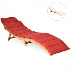 Folding Wood Outdoor Patio Lounge Chair with Red/White Cushion