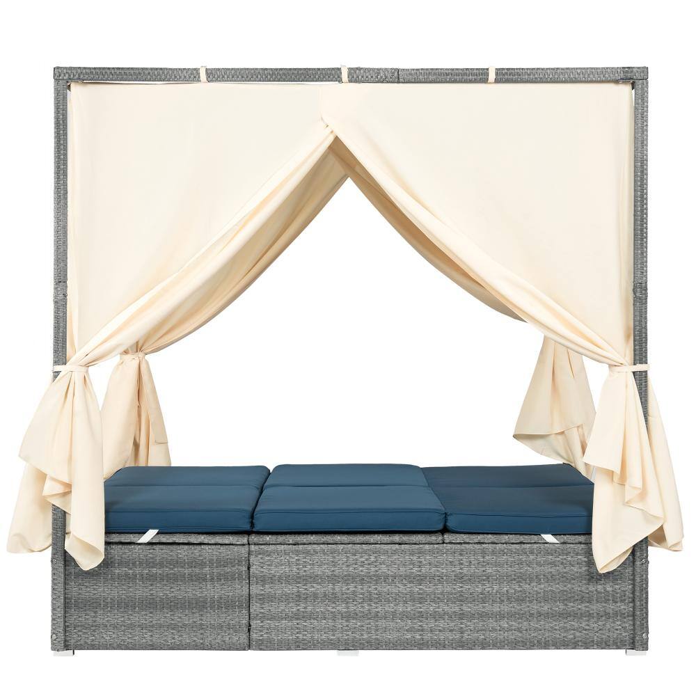 77.2 in Gray Rattan Outdoor  Lounge Chair with Canopy and Dark Blue Cushion for  Patio price history on PriceWatchPro