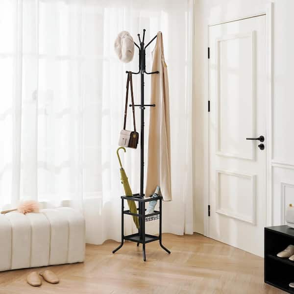 Freestanding Metal Coat Rack Black with Umbrella Stand 12-Hooks Space Saving Modern Entryway Organizer