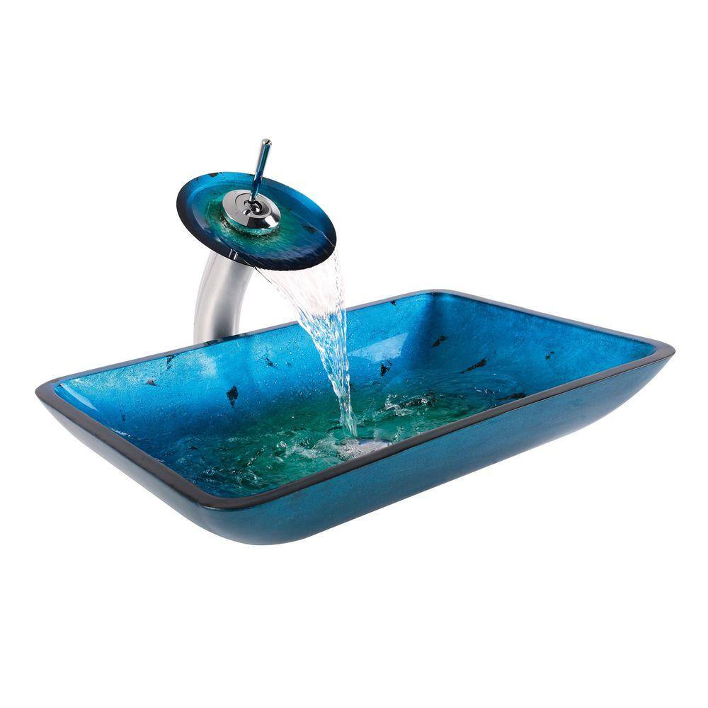 Fire Blue Glass Rectangular Vessel Sink with Chrome Faucet