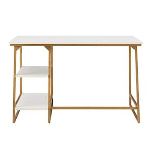 Kona Writing Desk 48 in Rectangular White Herringbone Gold Laminate Desk with Recessed Lower Storage Shelf