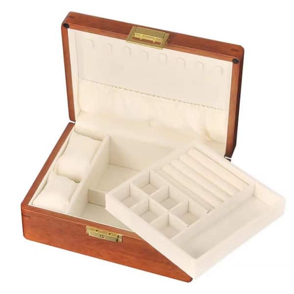 Unbranded 2-Layer Wooden Jewelry Box with Lock & Key-Vintage Velvet Organizer for Earrings, 9.1 in. x 7.1 in. x 3.3 in.