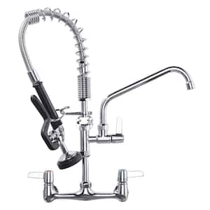 Commercial Triple Handle Wall Mount 21. Pull Down Sprayer Kitchen Faucet with Pre-Rinse Sprayer Solid Brass in Chrome