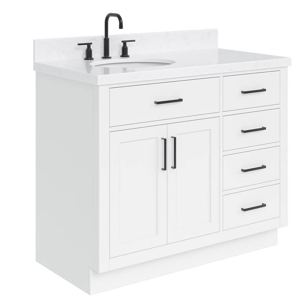 Sidmouth 42'' Solid Wood Single Bathroom Vanity with 1.5'' Carrara Quartz Top, Left Offset Oval Sink