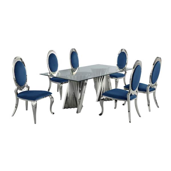 Best Quality Furniture Becky 7-Piece Rectangular Clear Glass Top with Silver Stainless Steel Base Table Set with 6-Navy Blue Velvet Chairs