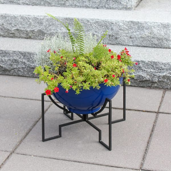 16in.W x 13.25in.H, Round French Blue Galvanized Steel Planter Bowl w/Black Wrought Iron Plant Stand, Indoor Outdoor Use