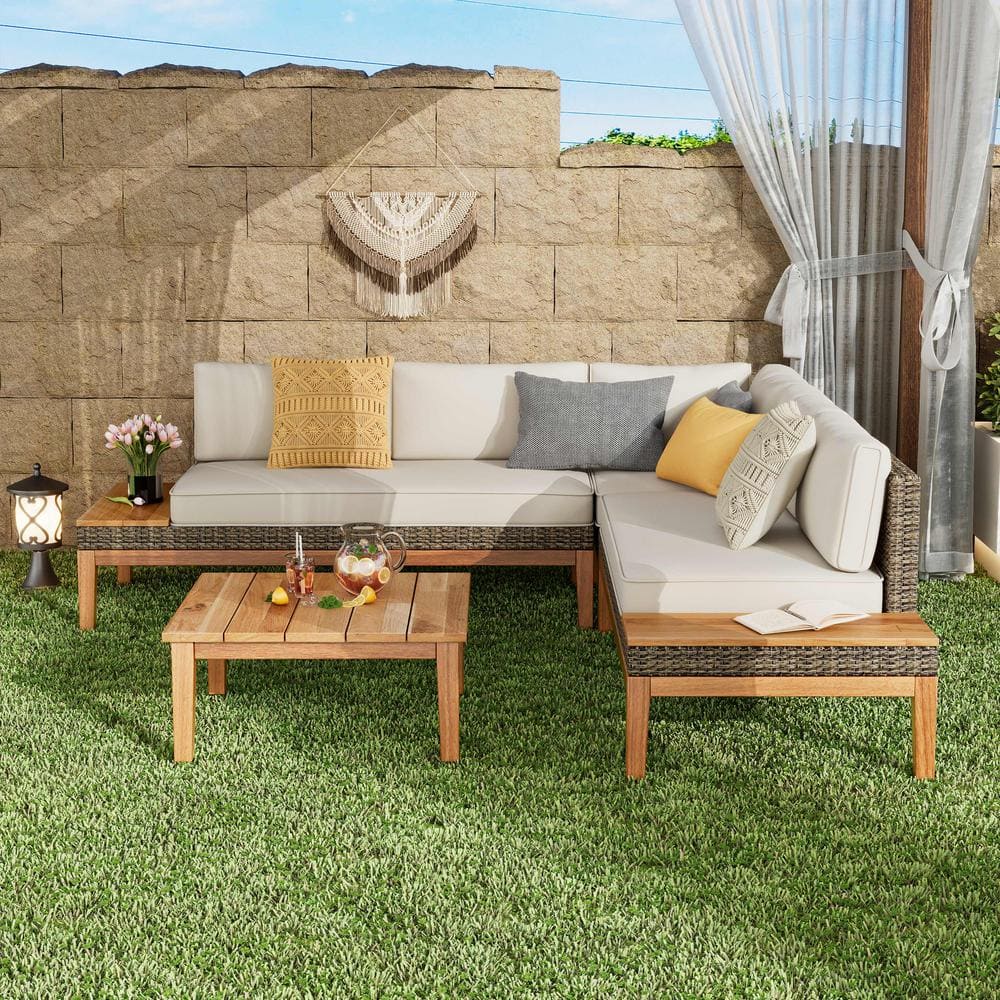 Outdoor 4-Piece Wood and Wicker Teak Frame Patio Conversation Sectional Sea