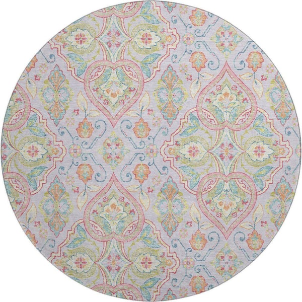 Mayfield Premium Machine Washable Abstract AMF2207 Lavender 8 ft. x 8 ft. Round Rug