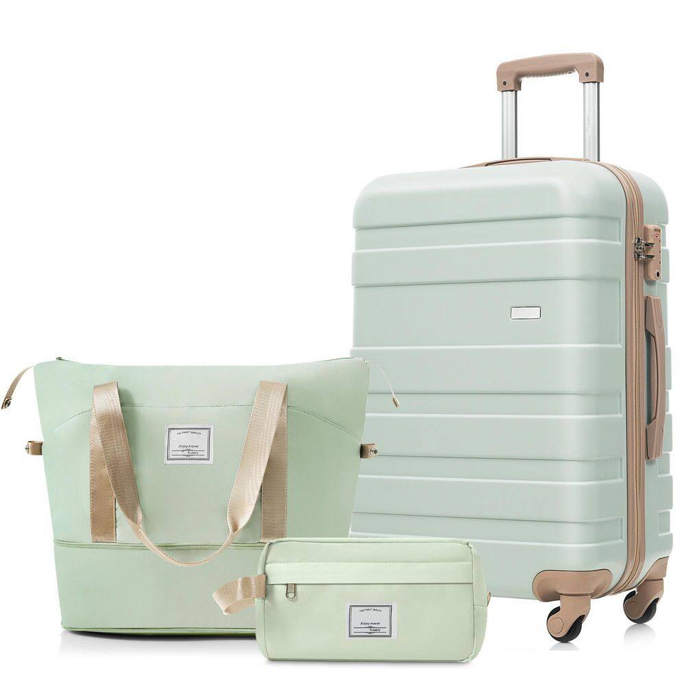 3-Piece Gray Green ABS Plastic Hardshell Spinner 28 in. Luggage Set with Travel Duffel Bag, Toiletry Bag, TSA Lock