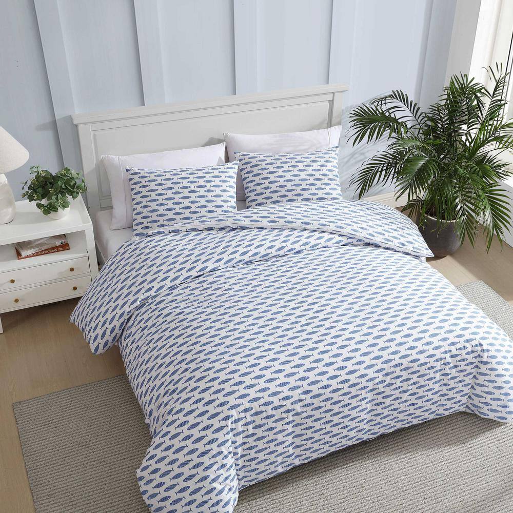 Nautical Blue Fish Cotton Queen Bedspread Cover Set