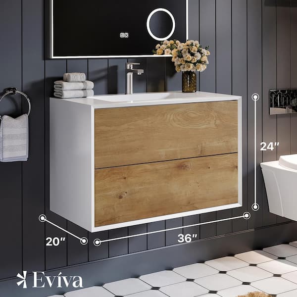 Eviva Vienna 75 Wall Mount Double Sink Bathroom Vanity with Black Integrated Acrylic Top, White Oak