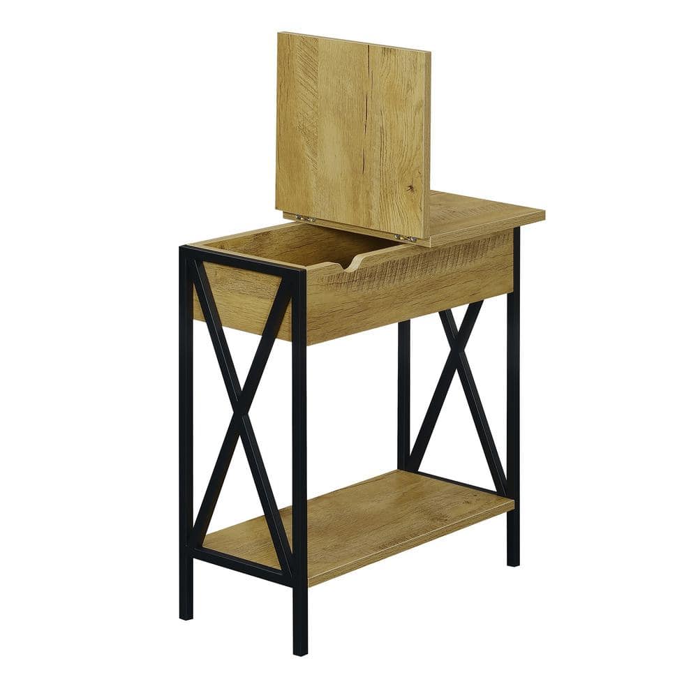 English Oak and Black Rectangular Wood Metal End Table with Storage
