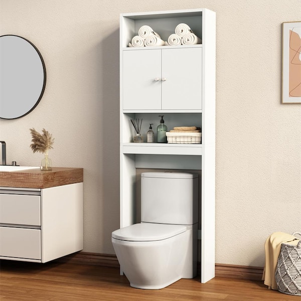 FUNKOL Bathroom Version White 3-Shelf MDF Wooden Storage Cabinet, Toilet Can Be Placed Inside the Cabinet