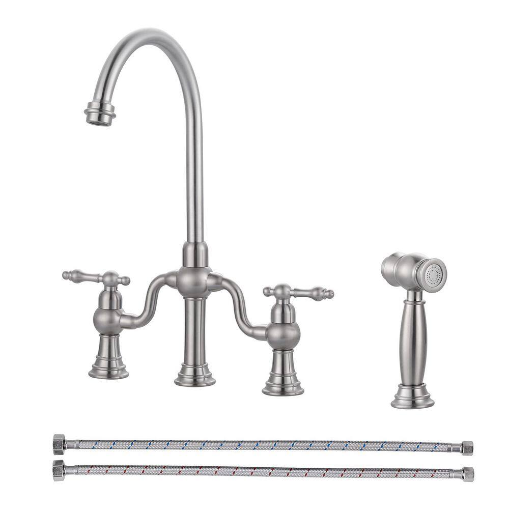 Solid Brass Bridge Kitchen Faucet with Pull-Down Sprayer 2 Handles with Side Sprayer in Brushed Nickel price history on PriceWatchPro