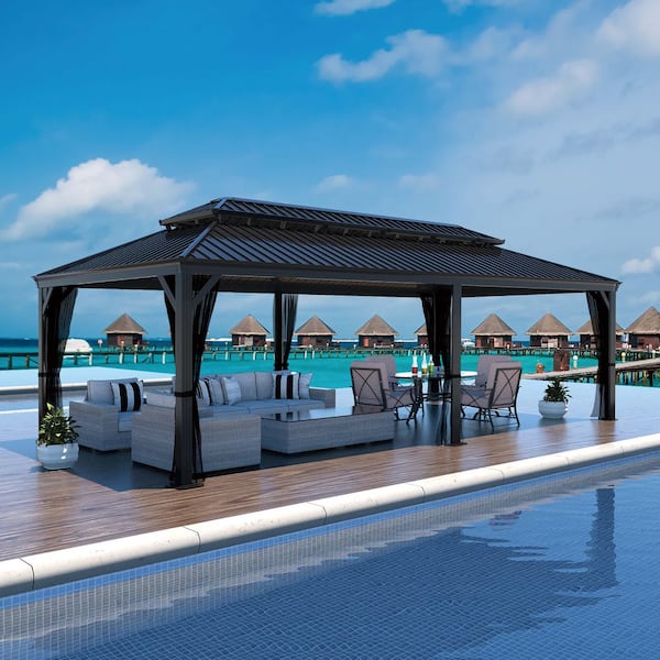 24 ft. W x 14 ft. D Aluminum Double Hardtop Gazebo with Curtains and Textilene Netting