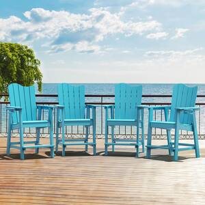 Sky Blue Plastic Adirondack Outdoor Bar Stool with Cup Holder Weather Resistant Wave Design Bar Chair(4-Pack)