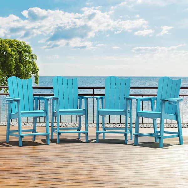 Lue Bona Sky Blue Plastic Adirondack Outdoor Bar Stool With Cup Holder