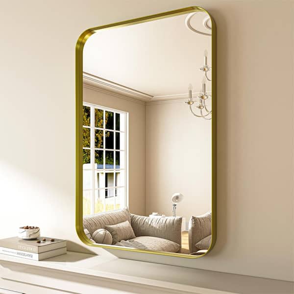 ORGANNICE 24 in. W x 36 in. H Modern Gold Aluminum Framed Rounded Wall Mount Mirror