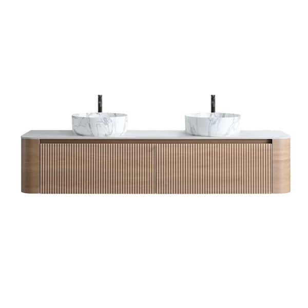72" Wall-Mounted Bathroom Vanity with Sink, Honey Oak Cabinet, Double Carrara White Ceramic Basins with Towel Rack