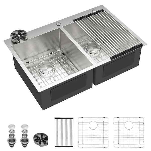 33 in. Drop-In Double Bowl 16 Gauge Brushed Nickel Stainless Steel Kitchen Sink with Bottom Grids