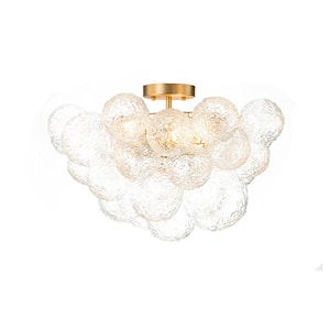 Neuvy 20.9 in.W 3-Light Brass Semi-Flush Mount Ceiling Light Fixture with Cluster Globe Water Glass in Ripple Texture