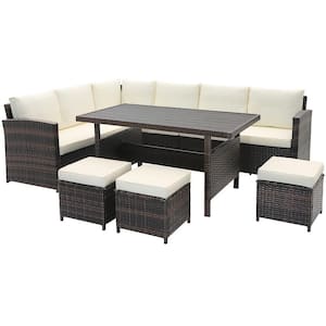 7-Piece Hand-Woven Cozy Wicker Patio Conversation Set with White Cushions