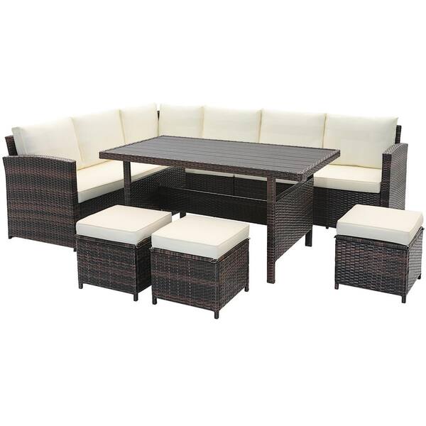 ANGELES HOME 7-Piece Hand-Woven Cozy Wicker Patio Conversation Set with White Cushions