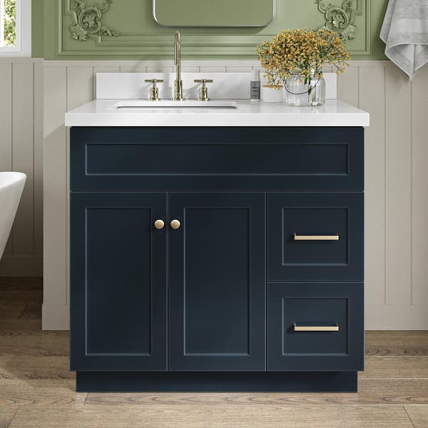 ARIEL Hamlet 37 in. W x 22 in. D x 36 in. H Bath Vanity in Midnight Blue with White Pure White Quartz Top