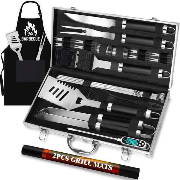 26-Piece Black Stainless Steel BBQ Grill Accessories Tools Set, BBQ Utensils Kit with Apron, Thermometer and Mats