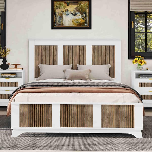 Polibi White Wood Frame Queen Size Platform Bed with Wooden Strip Stickers Decoration