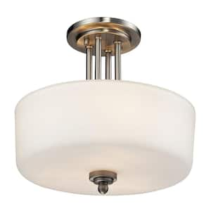 Cardinal 13 in. 3-Light Brushed Nickel Semi Flush Mount Light with Matte Opal Glass Shade with No Bulbs Included