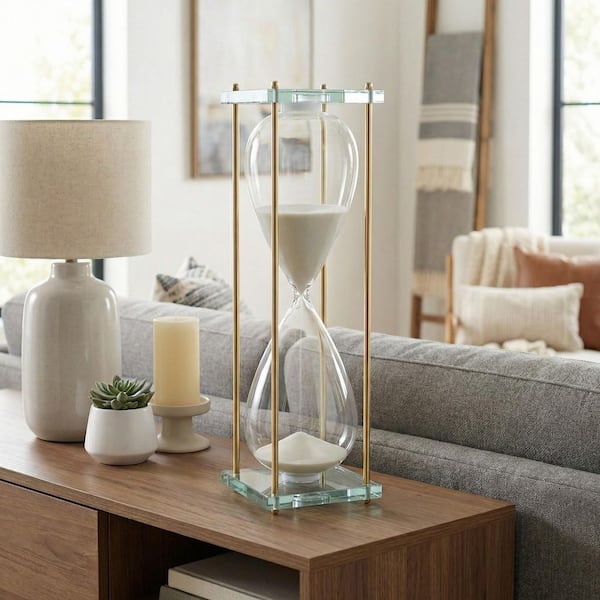 White/Gold 7 in. x 24 in. Glass and Metal Hourglass Decorative Sculpture
