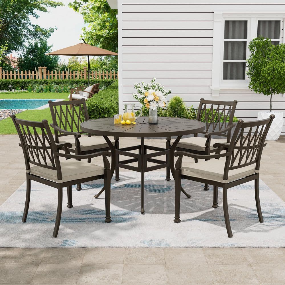 5-Piece Brown Cast Aluminum Round 48 in. W Table Outdoor Dining Set with 4-Dining Chairs and Beige Cushions price history on PriceWatchPro