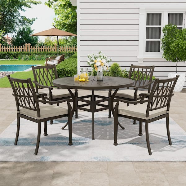 Mondawe 5-Piece Brown Cast Aluminum Round 48 in. W Table Outdoor Dining Set with 4-Dining Chairs and Beige Cushions