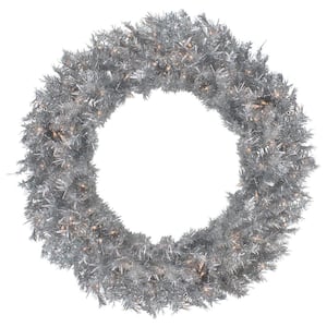 36 in. Pre-Lit Silver Tinsel Artificial Christmas Wreath Clear Lights