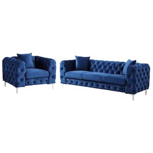 Modern Contemporary 2-Piece of Accent Chair and Sofas Set with Deep Button Tufting Dutch Velvet Top in Blue