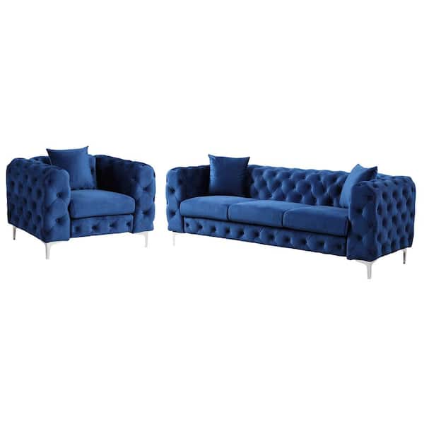 Morden Fort Modern Contemporary 2-Piece of Accent Chair and Sofas Set with Deep Button Tufting Dutch Velvet Top in Blue